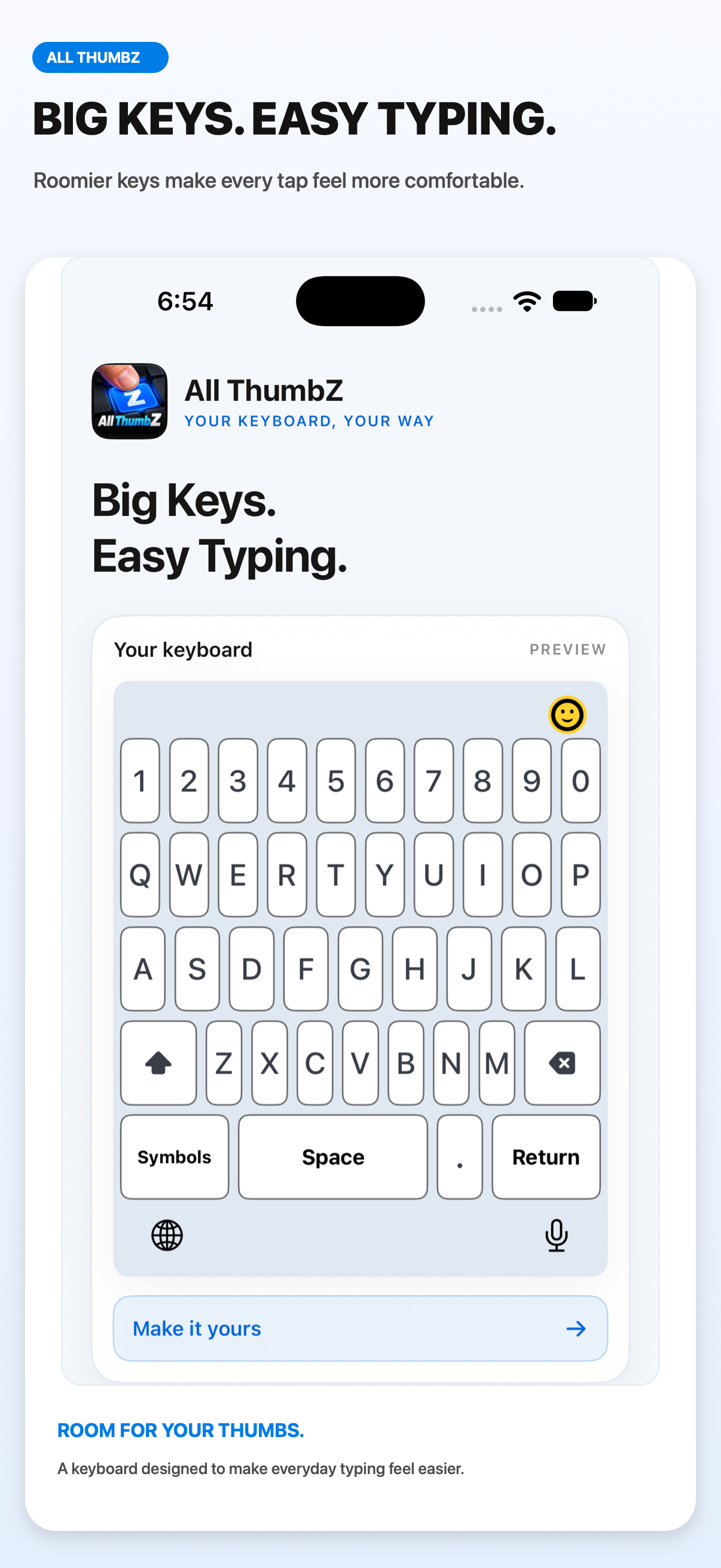 All ThumbZ App Store preview showing a larger iPhone keyboard